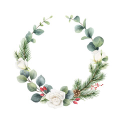Naklejka na ściany i meble Watercolor vector Christmas wreath with fir branches, flowers and eucalyptus.