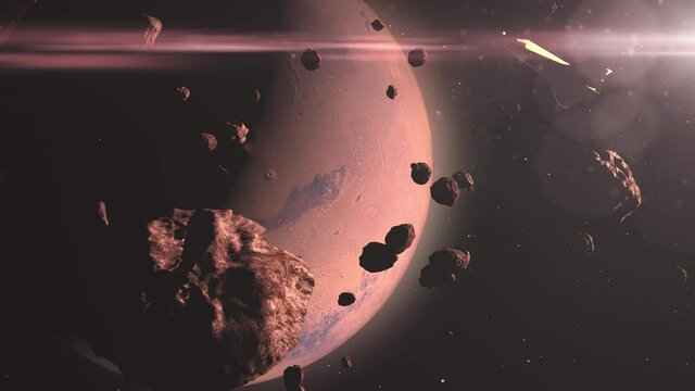 Space shuttle close to planet mars with Asteroids
Realistic cinematic vision, red planet, outer space view
