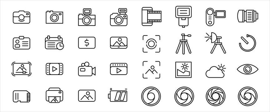 Simple Set of photography and video record Related Vector icon graphic design. Contains such Icons as digital camera, vintage old camera, negative film, tripod, shutter, lenses, and sd card
