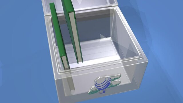 3D animation, A plastic box with five books on blue background