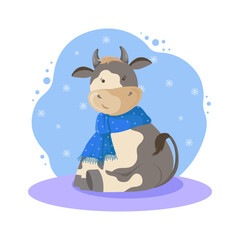 New year cartoon bull illustration. Funny character of a bull wearing a scarf.