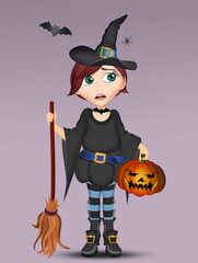 illustration of Halloween witch with pumpkin