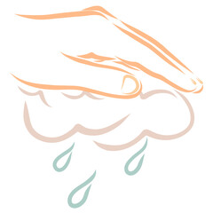 hand holding a cloud from which raindrops fall