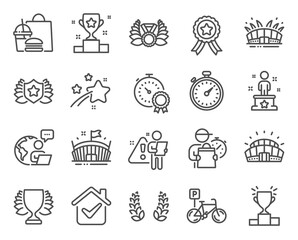 Sports icons set. Included icon as Winner podium, Best result, Arena signs. Arena stadium, Laureate, Winner symbols. Sports stadium, Bicycle parking, Laureate medal. Success, Timer. Vector