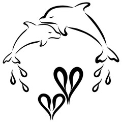 two dolphins, loving parent and baby, heart shaped water droplets
