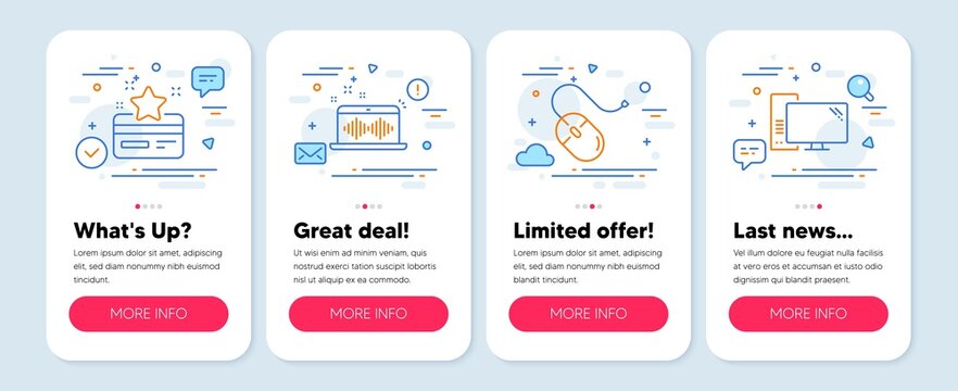 Set of Technology icons, such as Loyalty card, Music making, Computer mouse symbols. Mobile app mockup banners. Computer line icons. Bonus points, Dj app, Pc device. Pc component. Vector