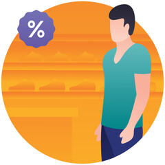 
A person in shoes shop with percentage sign, shoes sale icon

