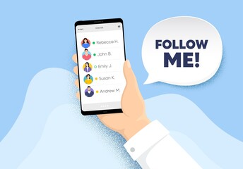 Follow me symbol. Hand hold phone with contacts list. Special offer sign. Super offer. Follow me chat bubble. Smartphone with online friends list. Characters of people. Vector