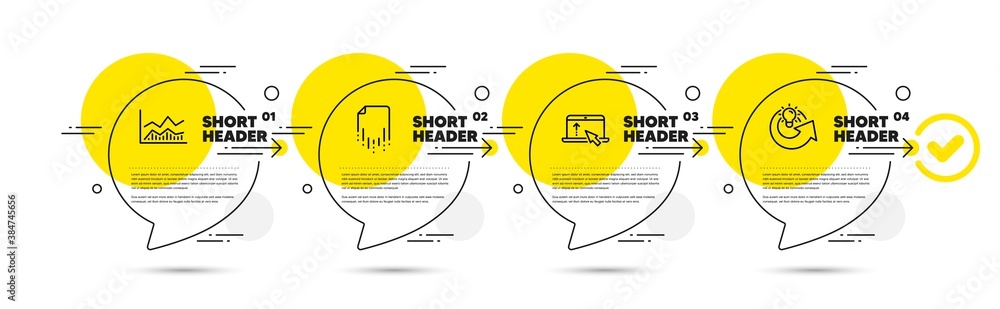 Poster swipe up, trade infochart and recovery file line icons set. timeline infograph speech bubbles. share