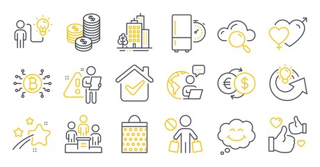 Set of Business icons, such as Money exchange, Business podium, Buildings symbols. Business idea, Male female, Stop shopping signs. Coins, Share idea, Refrigerator timer. Shopping bag. Vector