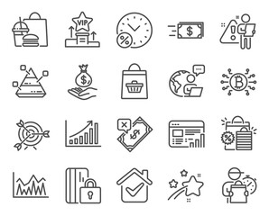 Finance icons set. Included icon as Income money, Target, Bitcoin system signs. Blocked card, Rejected payment, Investment symbols. Pyramid chart, Web report, Graph chart. Loan percent. Vector