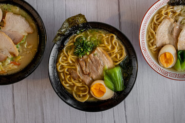 Miso ramen noodles with pork and egg in soy sauce flavored soup. Japanese food style