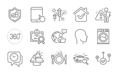 360 degrees, Megaphone and Head line icons set. Certificate, Clock and Tablet pc signs. Washing machine, Search car and Food symbols. Fireworks rocket, Correct way and Medical tablet. Vector