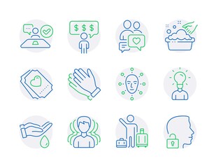 People icons set. Included icon as Dating chat, Hand washing, Airport transfer signs. Wash hands, Group, Education symbols. Job interview, Love ticket, Face biometrics. Clapping hands. Vector
