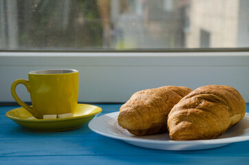 still life of cake with cup of coffee highlighted by sunlight