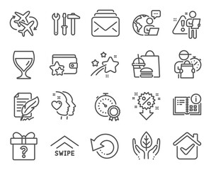 Business icons set. Included icon as Mail, Fair trade, Recovery data signs. Swipe up, Feather signature, Loyalty program symbols. Secret gift, Best result, Heart. Connecting flight. Vector