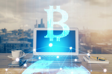 Double exposure of blockchain theme hologram and table with computer background. Concept of bitcoin...