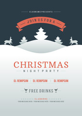 Christmas party flyer invitation design vintage typography and paper cut decoration vector illustration.