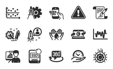 Recovery ssd, Startup and Agreement document icons simple set. Education, Safe time and Safe water signs. 360 degree, Stock analysis and Dot plot symbols. Flat icons set. Vector