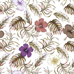 Abstract multicolor color floral illustration, vector tropical leaves and hibiscus flowers seamless pattern on white background