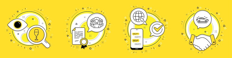 Internet, Women group and Wineglass line icons set. Licence, cell phone and deal vector icons. Car sign. World web, Lady service, Burgundy glass. Transport. Business set. Vector