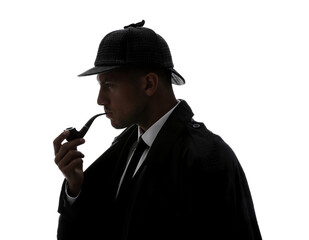 Old fashioned detective with smoking pipe on white background