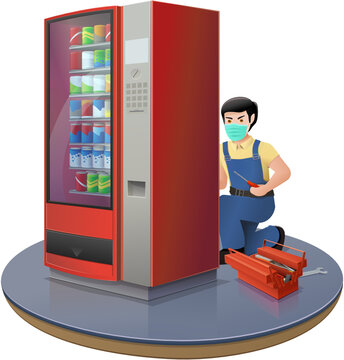 Réparation avec un masque d'un distributeur automatique de boissons froides rouge(détouré)