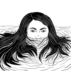 Girl is sinking into the water. Head above water. Raster illustration, line art. 