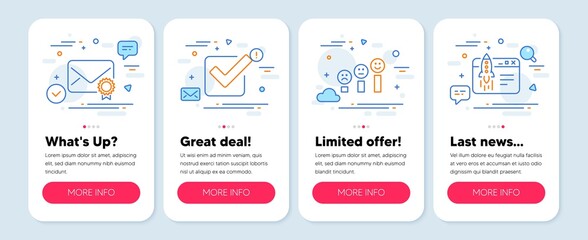 Set of Education icons, such as Verified mail, Checkbox, Customer satisfaction symbols. Mobile app mockup banners. Start business line icons. Confirmed e-mail, Approved tick, Happy smile chart. Vector