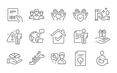 Hold heart, Job interview and Group line icons set. Insurance hand, Thumb down and Repairman signs. Loyalty program, Share and Escalator symbols. Parcel invoice, Washing hands and Hold box. Vector