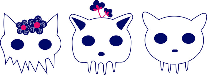 Set of cartoon sugar skull cat for Halloween. Ghost childish kitty with flowers,  isolated. Day of the Dead Mexico holiday design. Doodle vector illustration. 