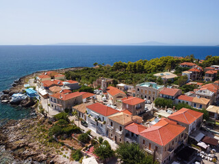 Aerial view of Aghios Nikolaos fish village and harbor in Mani, Greece