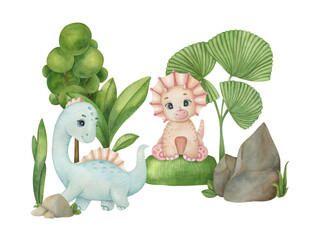 Cute little dinosaurs on the nature background. Watercolor isolated cartoon kids illustration. Ideal for invitation, poster, home decor, packaging design, print.