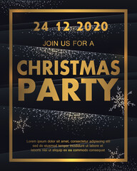 Gold Christmas Party Poster with silver snowflakes. Happy New Year Flyer, Holiday Greeting Card, Invitation, Menu Design Template. Vector illustration.