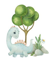 Cute little dinosaur on the nature background. Watercolor isolated cartoon kids illustration. Ideal for invitation, poster, home decor, packaging design, print.
