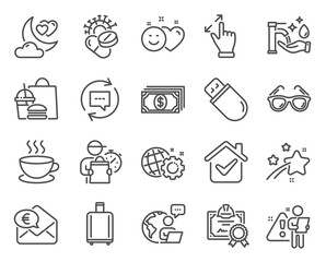 Line icons set. Included icon as Certificate, Coronavirus pills, Update comments signs. Smile, Baggage reclaim, Washing hands symbols. Usb stick, Sunglasses, Euro money. Cappuccino. Vector