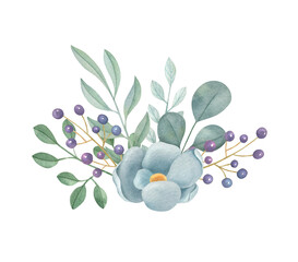Watercolor floral composition on the light background. Hand-painted illustration for wedding invitations, cards, and prints. Raster watercolor illustration.