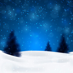 Christmas night background with fir trees and snow, dark blue sky. Vector illustration. Merry Christmas poster. Holiday design, decor. Vector illustration.