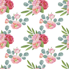 Watercolor floral seamless pattern on the light background. Hand-painted illustration with elegant flowers, leaves and buds.