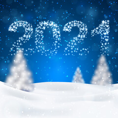 Christmas night background with fir trees and snow, dark blue sky and illuminated numbers 2017. Vector illustration. Merry Christmas poster. Holiday design, decor. Vector illustration.