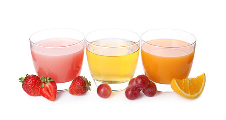 Glasses of delicious juices and fresh fruits on white background