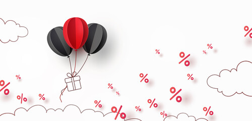 Special offer with flying balloons, gift box, percents on sky background. Promo banner discount off. Vector sale pattern for weekend promotion, best price or Black Friday design