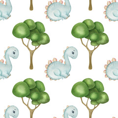Watercolor seamless pattern with cute dinosaur and tree on the light background. Funny kids illustration. Ideal for children's textile, wrapping, and other designs.