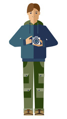 young man with a camera in a hoodie and pants with pockets. Vector clipart