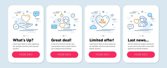 Set of Love icons, such as Love, Hold heart, Be mine symbols. Mobile screen mockup banners. Man love line icons. Romantic people. Love icons. Mobile app carousel. Application banners. Vector