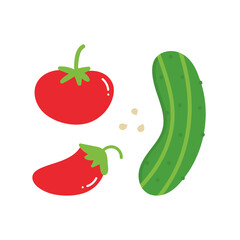 Set, collection of cute cartoon style vegetables for salad. Tomato, cucumber, pepper vector icons.