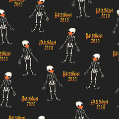 Fototapeta na wymiar Halloween 2020 Coronavirus skeletons wearing face masks seamless pattern. Covid social distancing Halloween repeating background black. 