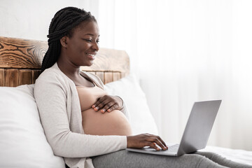 Charming pregnant woman relaxing with her laptop, browsing or chatting with friends online, sitting...