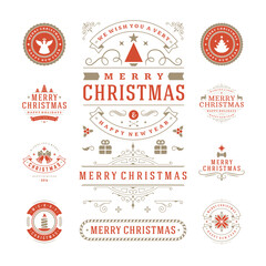 Christmas vector typography ornate labels and badges with happy new year and winter holidays wishes