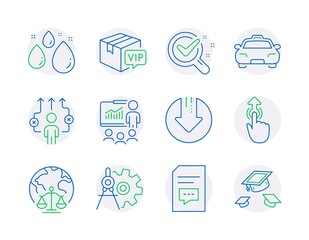 Business icons set. Included icon as Water drop, Taxi, Magistrates court signs. Cogwheel dividers, Presentation, Business way symbols. Chemistry lab, Vip parcel, Download arrow. Comments. Vector